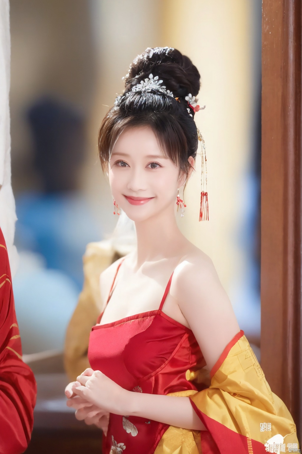  (1girl),,kind smile, 8k,original photo,best quality,masterpiece,realistic photo of a celebrity chinese red clothes,Bare shoulder,, ll-hd, wangyushan, 1girl, nhj