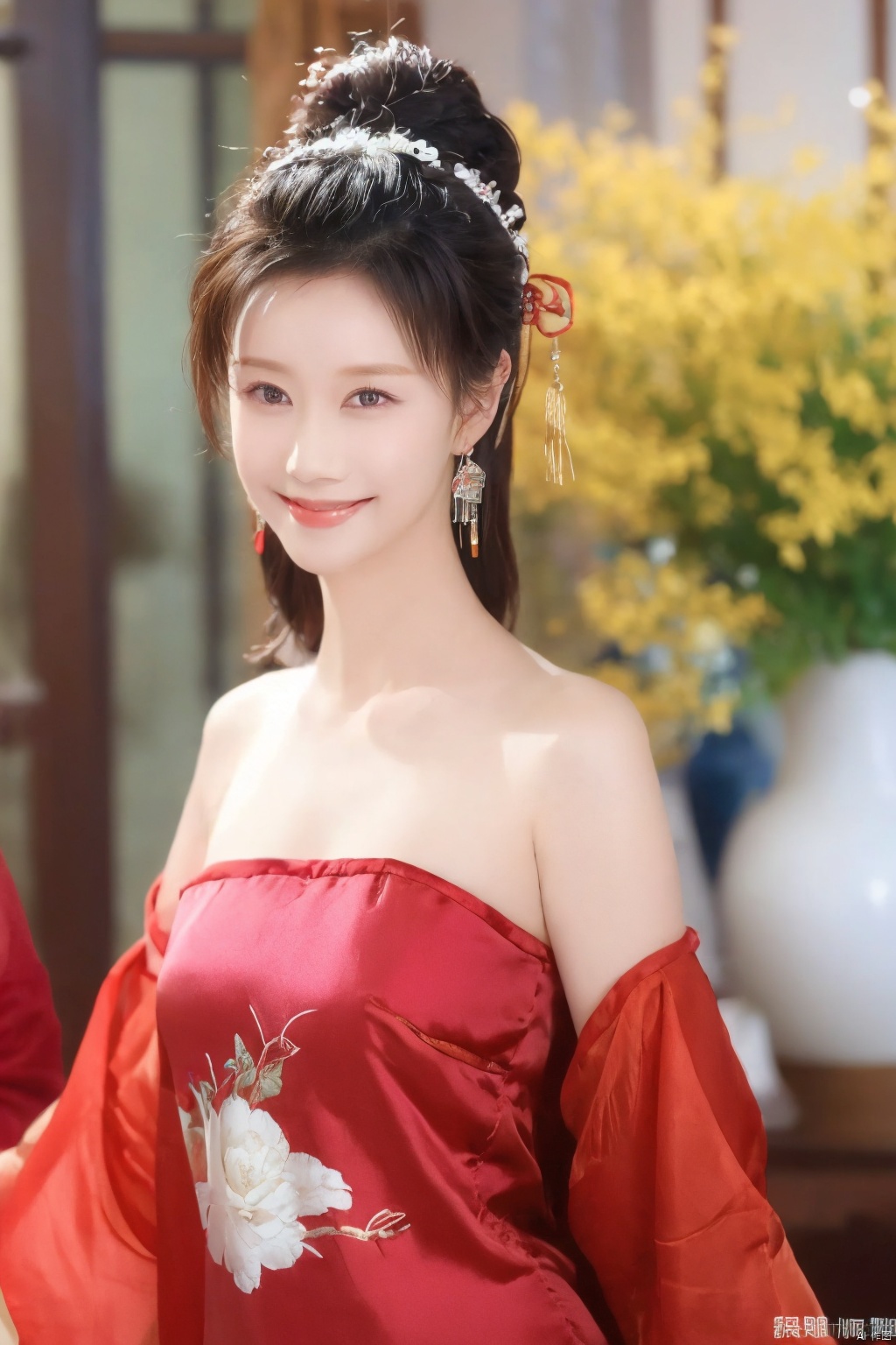  (1girl),,kind smile, 8k,original photo,best quality,masterpiece,realistic photo of a celebrity chinese red clothes,Bare shoulder,, ll-hd, wangyushan, 1girl, nhj