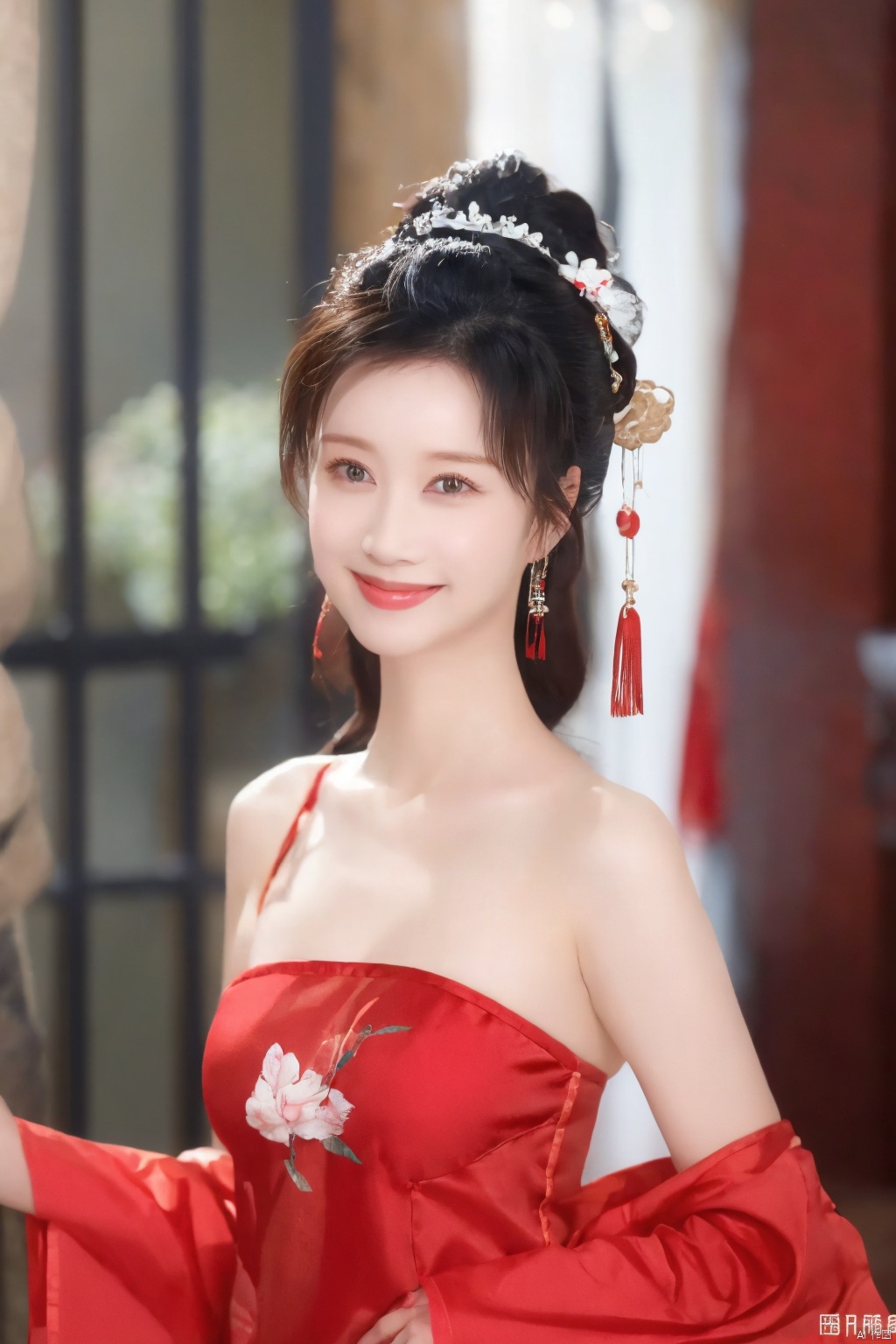  (1girl),,kind smile, 8k,original photo,best quality,masterpiece,realistic photo of a celebrity chinese red clothes,Bare shoulder,, ll-hd, wangyushan, 1girl, nhj