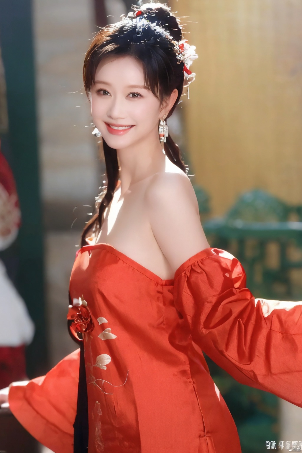  (1girl),,kind smile, 8k,original photo,best quality,masterpiece,realistic photo of a celebrity chinese red clothes,Bare shoulder,, ll-hd, wangyushan, 1girl, nhj