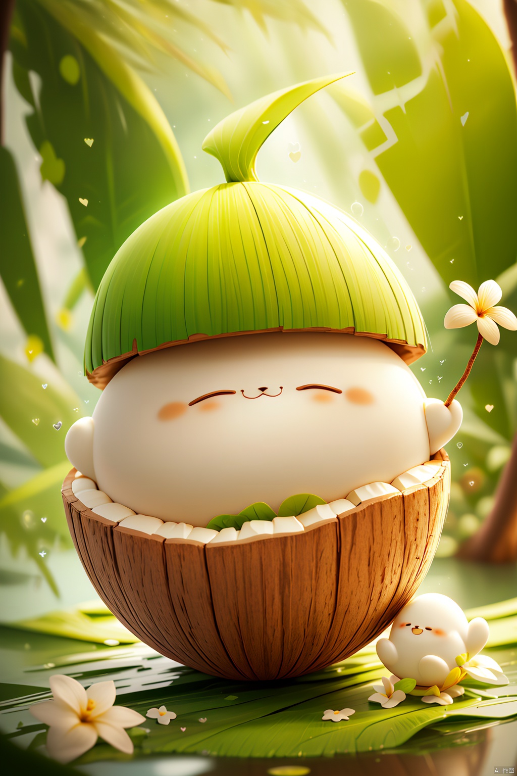 Red hat,coconut,Coconut blind box,blush,closed eyes,dandelion,depth of field,flower,grass,hat,leaf,solo,sunlight,white flower