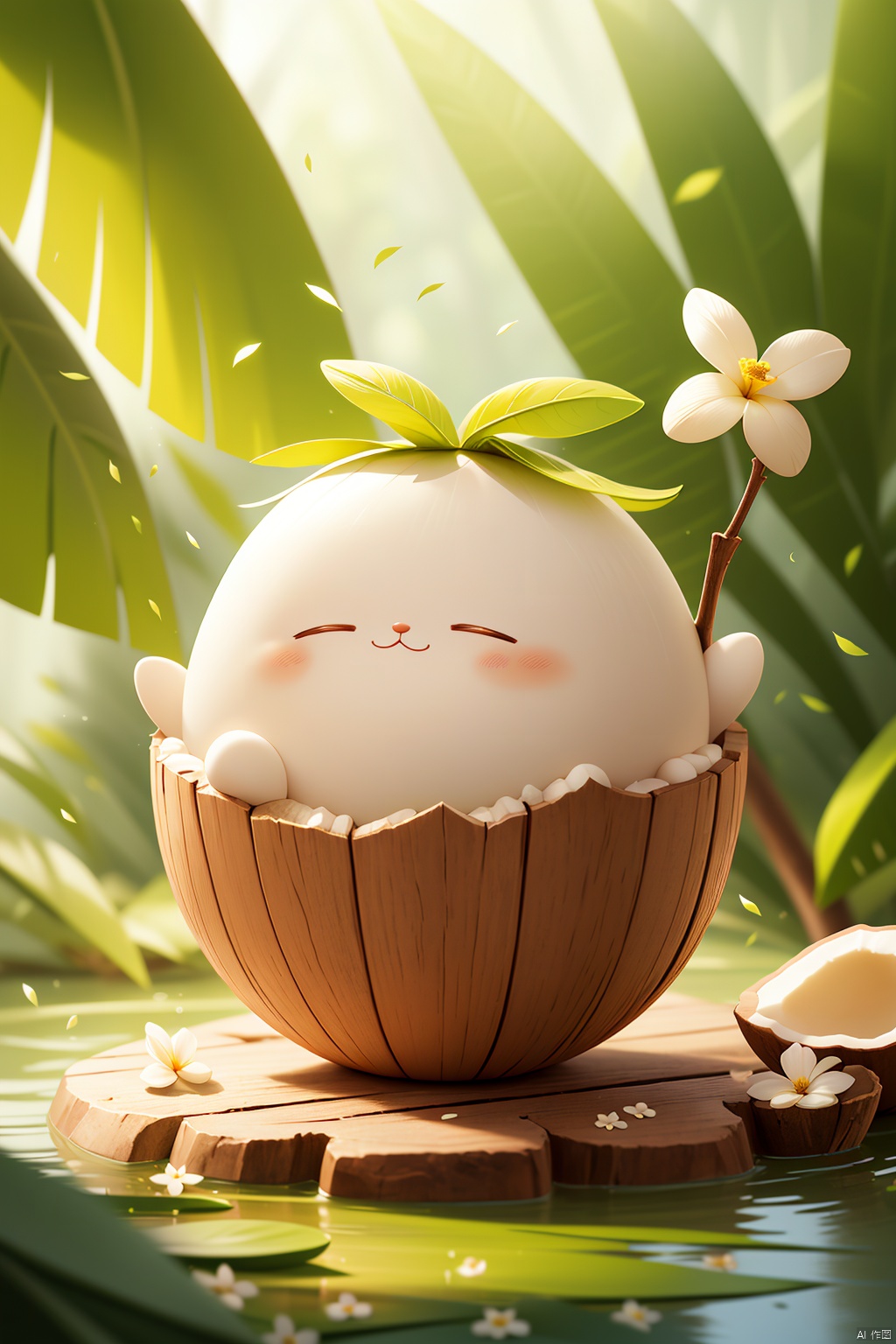 （Red hat：1.2）coconut,Coconut blind box,blush,closed eyes,dandelion,depth of field,flower,grass,hat,leaf,solo,sunlight,white flower