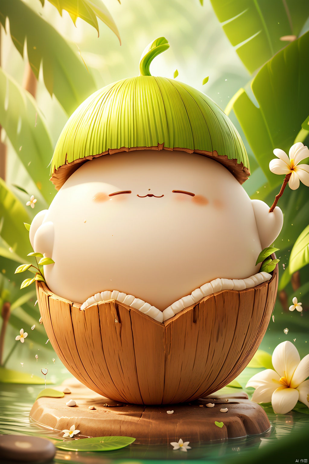 Hat,coconut,Coconut blind box,blush,closed eyes,dandelion,depth of field,flower,grass,hat,leaf,solo,sunlight,white flower