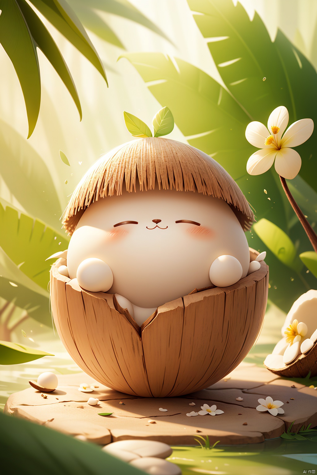 Red hat,coconut,Coconut blind box,blush,closed eyes,dandelion,depth of field,flower,grass,hat,leaf,solo,sunlight,white flower