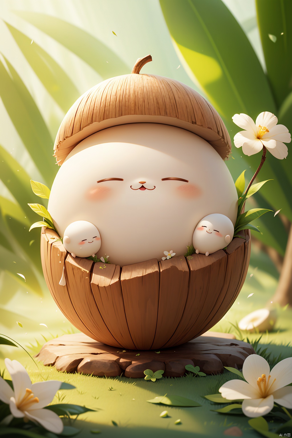 （Red hat：1.2）coconut,Coconut blind box,blush,closed eyes,dandelion,depth of field,flower,grass,hat,leaf,solo,sunlight,white flower