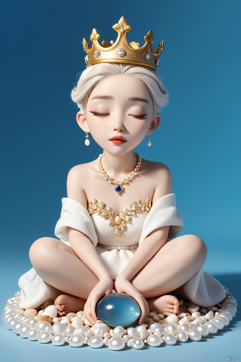  professional 3d model Blindbox, 1girl, white eyes, vampires, one eye closed, white hair, Wearing a golden crown on his head, Sitting on jelly, Pearl and shell embellishments on the ground, Blue gemstone, blue background , sitting, best quality, very aesthetic, 8k, without text, . octane render, highly detailed, volumetric, dramatic lighting