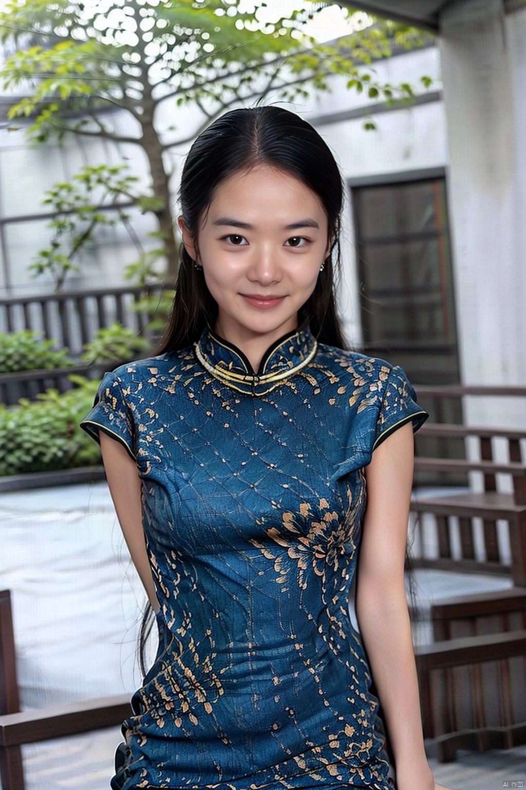 (global illumination, reality,ray tracing, HDR, unreal rendering, reasonable design, high detail, masterpiece,best quality, ultra high definition, movie lighting),
1girl,outdoor,looking_at_viewer,side_blunt_bangs,china_dress,chinese_style,big breasts,pose,solo,1girl,black hair,black eyes,  , qipao, no makeup