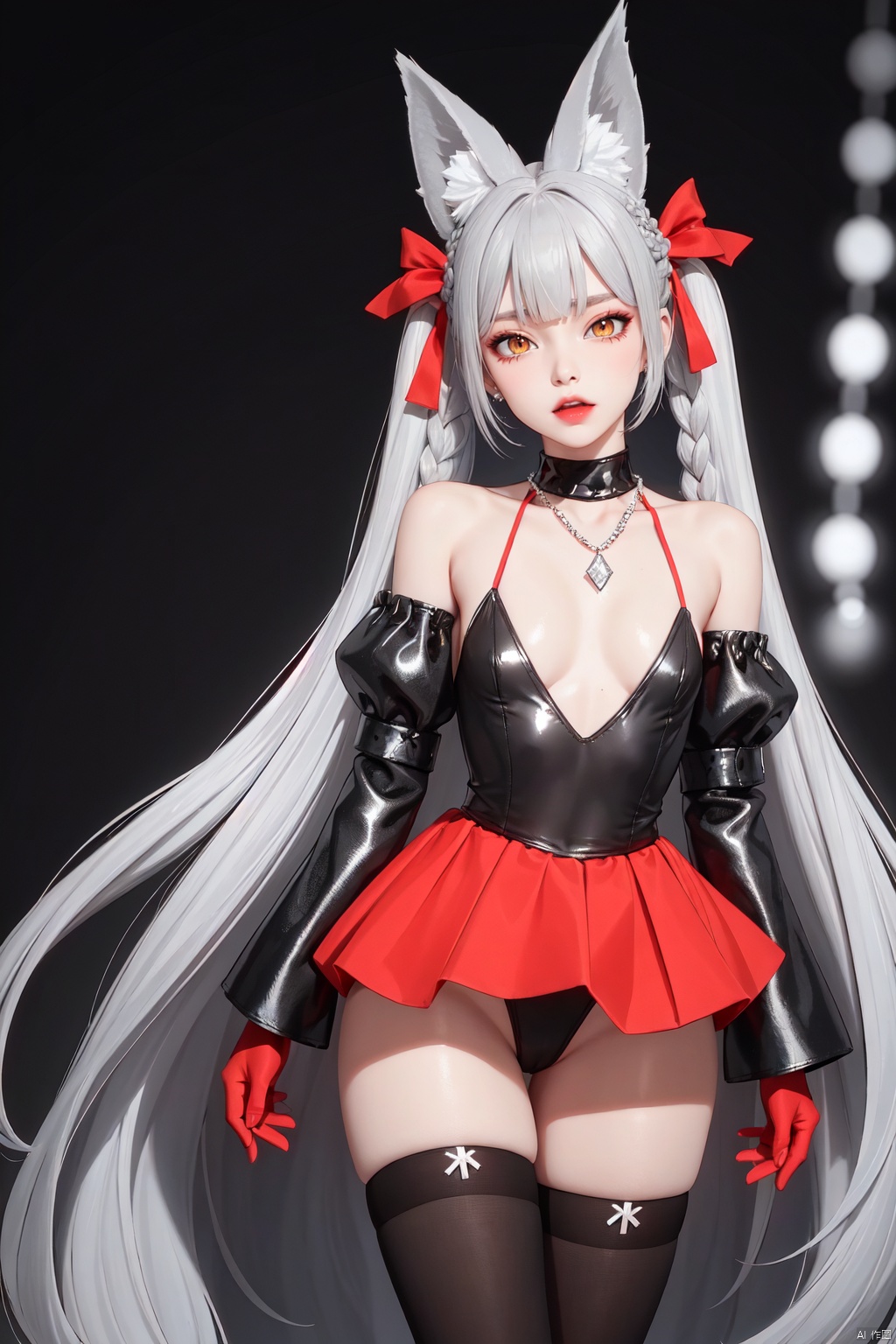 Realistic style, cinematic work, 8K wallpaper, masterpiece, very realistic quality, best quality, masterpiece, high-level, high-resolution,,,Edge lighting, dual tone lighting, soft lighting, The illuminated surface of the material has bright spots and highlights, which flicker and have a mirror effect when reflected, There are sparkling spots on the armor,,,1 girl, mature female, solo, full body, looking at viewer, lace, strong rim light, Standard proportion of female body, golden proportion of female body,,,Standing, standing posture, Sexy full body standing posture,,,,(zhaozhi1, 1girl, animal ears, long hair, tail, yellow eyes, twintails, braid, bangs, very long hair, grey hair, animal ear fluff, fox ears, fangs, fox tail, twin braids, hair ribbon, blunt bangs, hair bow, blush, short eyebrows,,, thighhighs, leotard, black thighhighs, wide sleeves, detached sleeves, skirt, ribbon trim, highleg leotard, ribbon-trimmed sleeves, black leotard, highleg, gloves, black gloves, covered navel, breasts, long sleeves, red skirt, japanese clothes, bare shoulders, ribbon, skindentation, high heels, bow, platform footwear, groin, small breasts, red ribbon, sandals, red footwear, slit pupils, thighs,,,:1.2),,bare shoulders, off shoulder, black hairband, bikini bottom only, short dress, swimsuit, pleated dress, bikini, floating hair, blush, ass visible through thighs, skirt,White high-heeled shoes,:1.2),,,colorful,(detailed skin: 1.3), (detailed face: 1.3),clear focus,delicate,(mature women: 1.2),(glossy skin+glossy skin: 1.4),(sweating: 1.1),(big_eyes),red_ eyeshadow,long_ Eyelashes, red lips,,,simple background, grey background,,,(Diamond hair accessories, diamond necklaces, diamond earrings, diamond earrings, clothes embedded with diamonds, armor embedded with diamonds,:1.3)<lora:EMS-322035-EMS:0.330000>