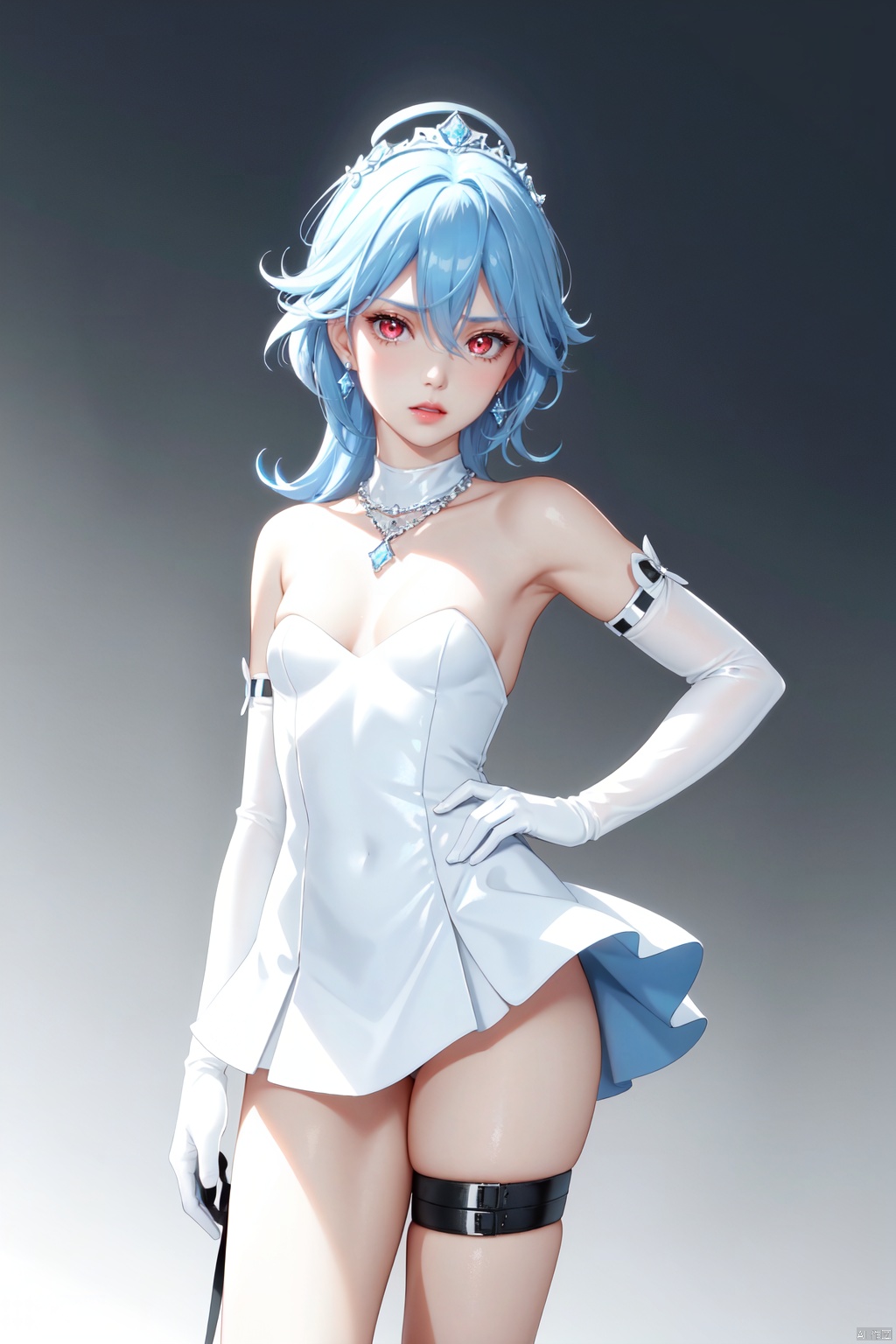 Realistic style, cinematic work, 8K wallpaper, masterpiece, very realistic quality, best quality, masterpiece, high-level, high-resolution,,,Edge lighting, dual tone lighting, soft lighting, The illuminated surface of the material has bright spots and highlights, which flicker and have a mirror effect when reflected, There are sparkling spots on the armor,,,1 girl, mature female, solo, full body, looking at viewer, lace, strong rim light, Standard proportion of female body, golden proportion of female body,,,Standing, standing posture, Sexy full body standing posture,,,,(HDN302-1, 1girl, red eyes, short hair with long locks, blue hair, ahoge, hair between eyes, light blue hair, dress, gloves, elbow gloves, sidelocks, white dress, white gloves, crown, symbol-shaped pupils, bare shoulders, thigh strap, blue footwear, bare legs, shoes, small breasts, strapless dress, strapless, sleeveless, blue bow, ribbon,:1.2),,bare shoulders, off shoulder, black hairband, bikini bottom only, short dress, swimsuit, pleated dress, bikini, floating hair, blush, ass visible through thighs, skirt,White high-heeled shoes,:1.2),,,colorful,(detailed skin: 1.3), (detailed face: 1.3),clear focus,delicate,(mature women: 1.2),(glossy skin+glossy skin: 1.4),(sweating: 1.1),(big_eyes),red_ eyeshadow,long_ Eyelashes, red lips,,,simple background, grey background,,,(Diamond hair accessories, diamond necklaces, diamond earrings, diamond earrings, clothes embedded with diamonds, armor embedded with diamonds,:1.3)<lora:EMS-322046-EMS:0.250000>