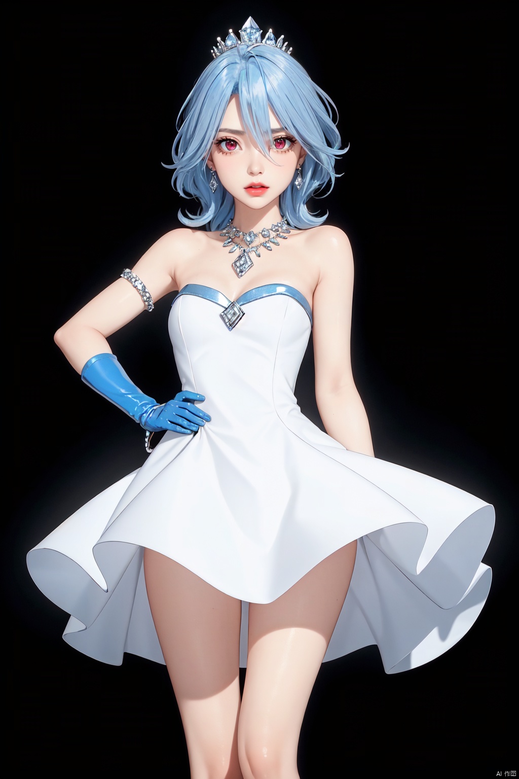 Realistic style, cinematic work, 8K wallpaper, masterpiece, very realistic quality, best quality, masterpiece, high-level, high-resolution,,,Edge lighting, dual tone lighting, soft lighting, The illuminated surface of the material has bright spots and highlights, which flicker and have a mirror effect when reflected, There are sparkling spots on the armor,,,1 girl, mature female, solo, full body, looking at viewer, lace, strong rim light, Standard proportion of female body, golden proportion of female body,,,Standing, standing posture, Sexy full body standing posture,,,,(HDN302-1, 1girl, red eyes, short hair with long locks, blue hair, ahoge, hair between eyes, light blue hair, dress, gloves, elbow gloves, sidelocks, white dress, white gloves, crown, symbol-shaped pupils, bare shoulders, thigh strap, blue footwear, bare legs, shoes, small breasts, strapless dress, strapless, sleeveless, blue bow, ribbon,:1.2),,bare shoulders, off shoulder, black hairband, bikini bottom only, short dress, swimsuit, pleated dress, bikini, floating hair, blush, ass visible through thighs, skirt,White high-heeled shoes,:1.2),,,colorful,(detailed skin: 1.3), (detailed face: 1.3),clear focus,delicate,(mature women: 1.2),(glossy skin+glossy skin: 1.4),(sweating: 1.1),(big_eyes),red_ eyeshadow,long_ Eyelashes, red lips,,,simple background, grey background,,,(Diamond hair accessories, diamond necklaces, diamond earrings, diamond earrings, clothes embedded with diamonds, armor embedded with diamonds,:1.3)<lora:EMS-322046-EMS:0.300000>