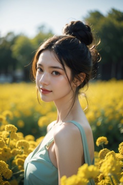  A sexy beauty with a bun, half-body portrait, standing in a sea of rapeseed flowers, charming eyes, sweet smile, surrounded by blooming yellow rapeseed flowers, forming a beautiful picture, high quality picture, full HD picture, 8K resolution, photorealistic, intricate details, sharp focus, vibrant colors, trending on ArtStation, trending on CGSociety, by Greg Rutkowski, Midjourney, Jeremy Mann, Antonio Moro, Ed Blinkey, Atey Ghailan, Studio Ghibli, heart professional majestic oil painting, popular on DeviantArt, concept art, artwork., lvshui-green dress, Light master