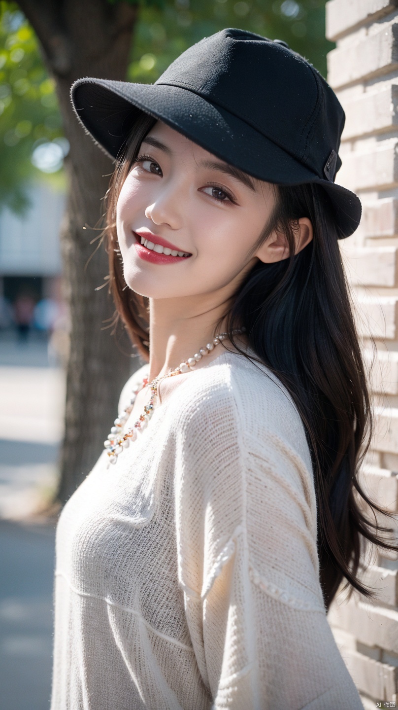  A woman wearing a hat and a beaded necklace stands in front of a building with a tree as the background, looking_at_viewer , Portrait, 1 girl,laugh