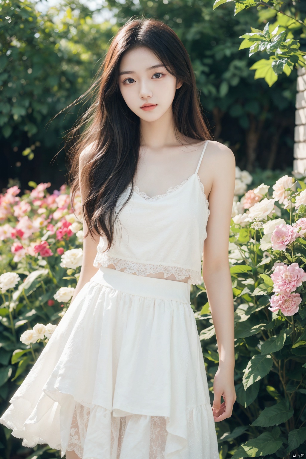  masterpiece, 1 girl, 16 years old, Maiden, Look at me, Lovely, Long hair, Black hair, Outdoor, Garden, Soft light, Angel, White broken flower skirt, Huge flowers, textured skin, super detail, best quality, 8k, Light master, 1girl