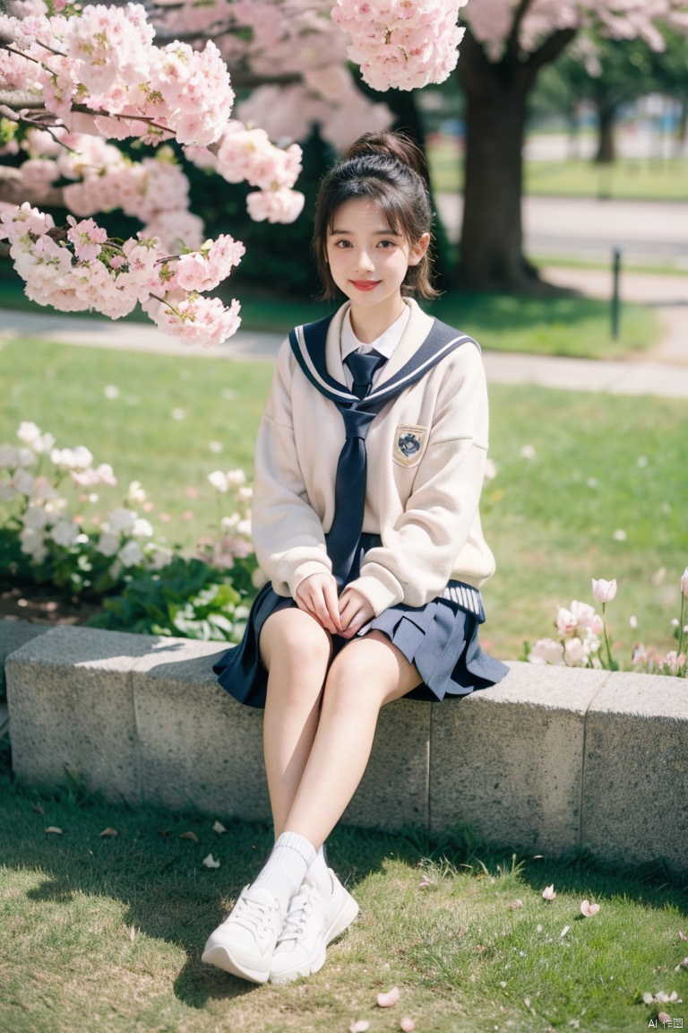  JK, 1 girl, glasses, short hair, school uniform, skirt, sneakers, body, cherry blossom background, petals falling, 1girl, little girl, a girl, Purity Portait