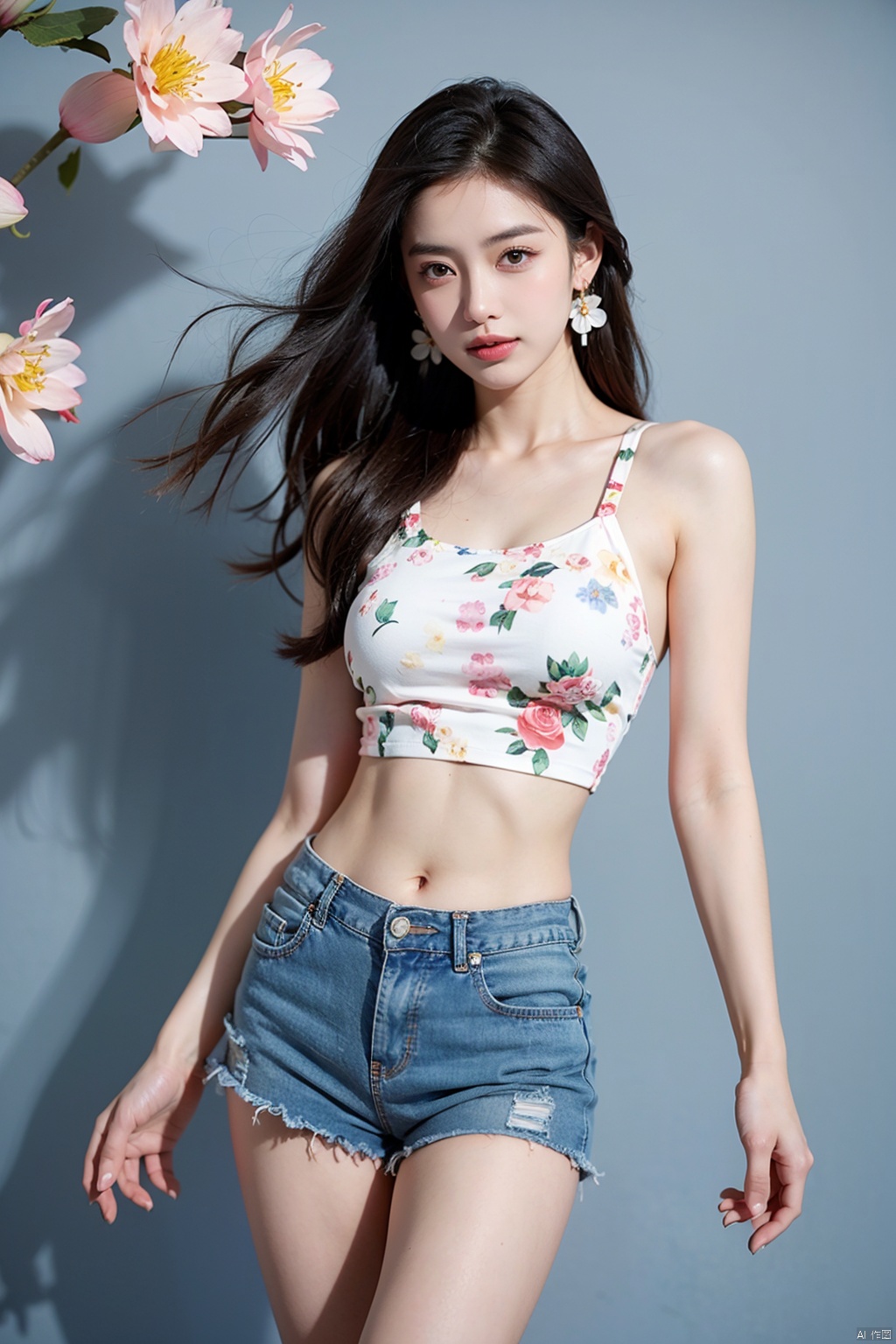  1girl, bare_shoulders, blue_shorts, brown_eyes, brown_hair, cherry_blossoms, cowboy_shot, crop_top, daisy, denim, denim_shorts, earrings, floral_background, floral_print, flower, jewelry, lily_\(flower\), lips, long_hair, looking_at_viewer, lotus, midriff, navel, pink_flower, realistic, short_shorts, shorts, solo, standing, white_flower,breasts