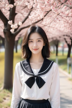  JK, 1 girl, glasses, short hair, school uniform, skirt, sneakers, body, cherry blossom background, petals falling, 1girl, little girl, a girl, Purity Portait