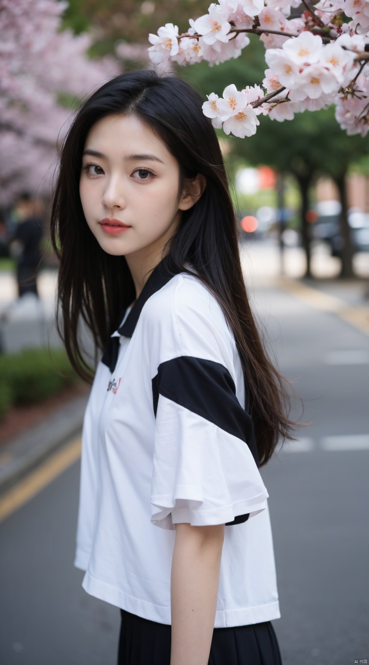  Best Quality, masterpiece,sharp focus,ultra detailed, 8K RAW, JK, uniform, 1girl, portrait, seducing look,baby fat,clear white skin,detailed skin, walk in the street, wind, long hair,
black sexy skirt, (see through:1.2) , long 
 legs, black pantyhose, (beautiful face:1.4), t-shirt, 5 fingers,cherry_blossoms background,