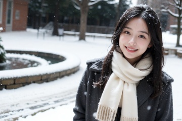  1girl,(snow:1.2),(snowing:1.2),snow,solo,scarf,long hair,smile,brown hair,bokeh,realistic,coat,blurry,