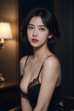  (RAW photo, best quality), (realistic, photo-realistic:1.2), 1girl,middle breasts,Cleavage,undergarments,Upper body, high quality, (high detailed skin:1.4), puffy eyes, gorgeous hair, (dark room:1.3), (rim lighting:1.3), (dimly lit:1.3), (dark night:1.3), indoors, portrait, black hair, dark background, short hair, 1girl,邱淑贞, sufei