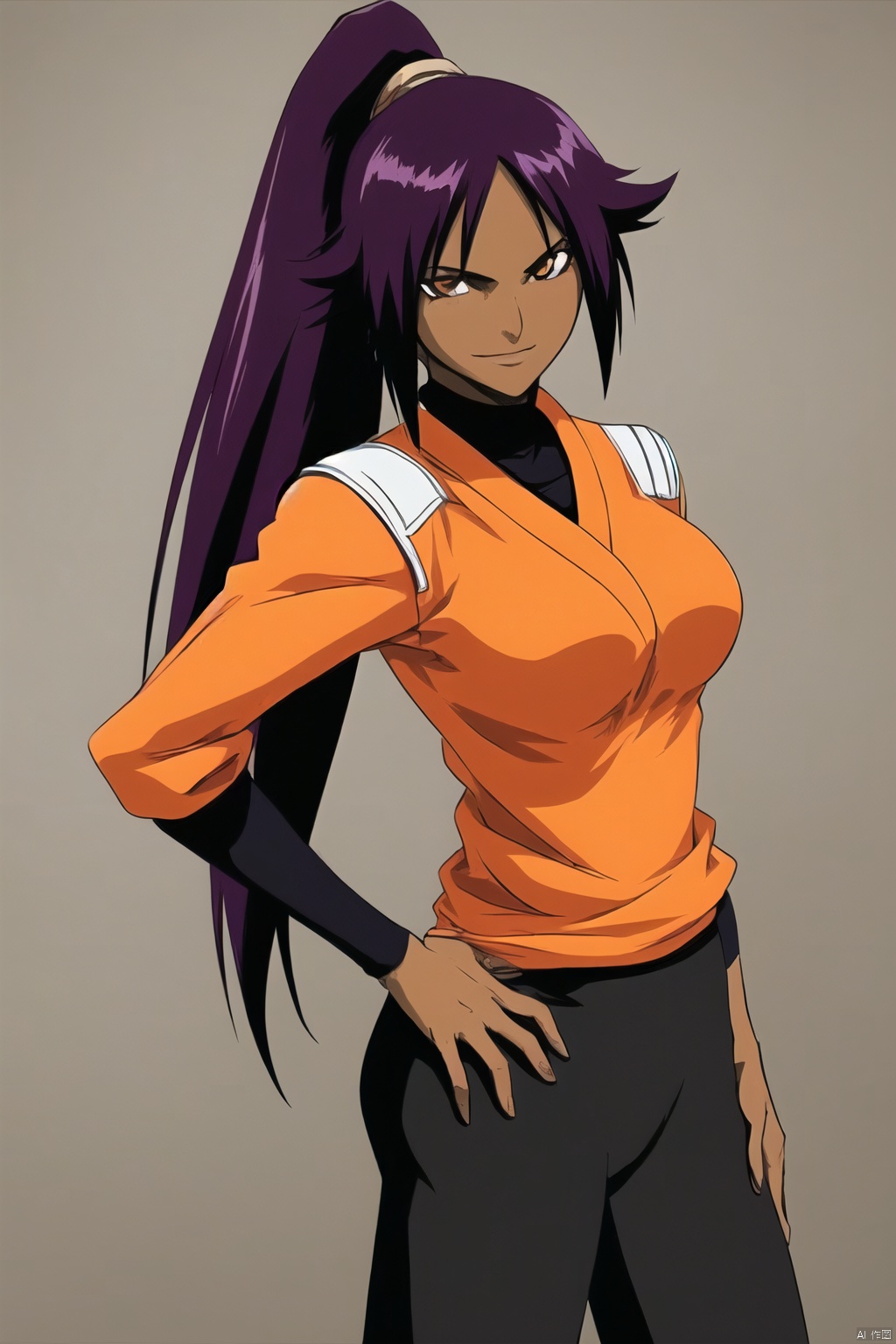  1girl,breasts,brown eyes,dark-skinned female,dark skin,hand on hip,long hair,looking at viewer,orange shirt,pants,ponytail,purple hair,shihouin yoruichi,shirt,simple background,smile,solo,,
