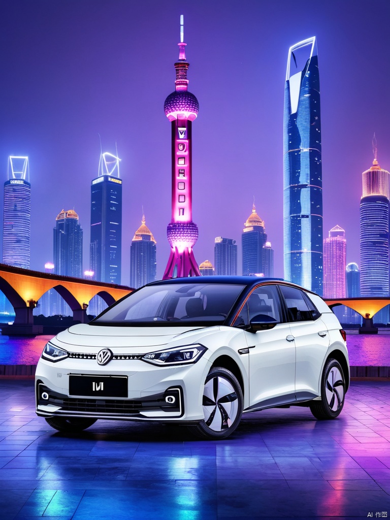There is a Volkswagen ID.3 in the picture, with a Guangzhou urban background, modern and Chinese style, incorporating water polo elements, sparks, evening, night view, cyberpunk