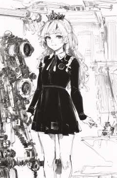 best quality,highres,(sketch,lineart,monocolor,Migunov:1.3)indoors,(Obsolete machine:1.5),(black and white ink art:1.2)young girl,solo,messy hair,flipped long hair, princess skirt,short dress,long sleeves dress, public <lora:Migunov2:1> <lora:public_v3.0-locon:1>