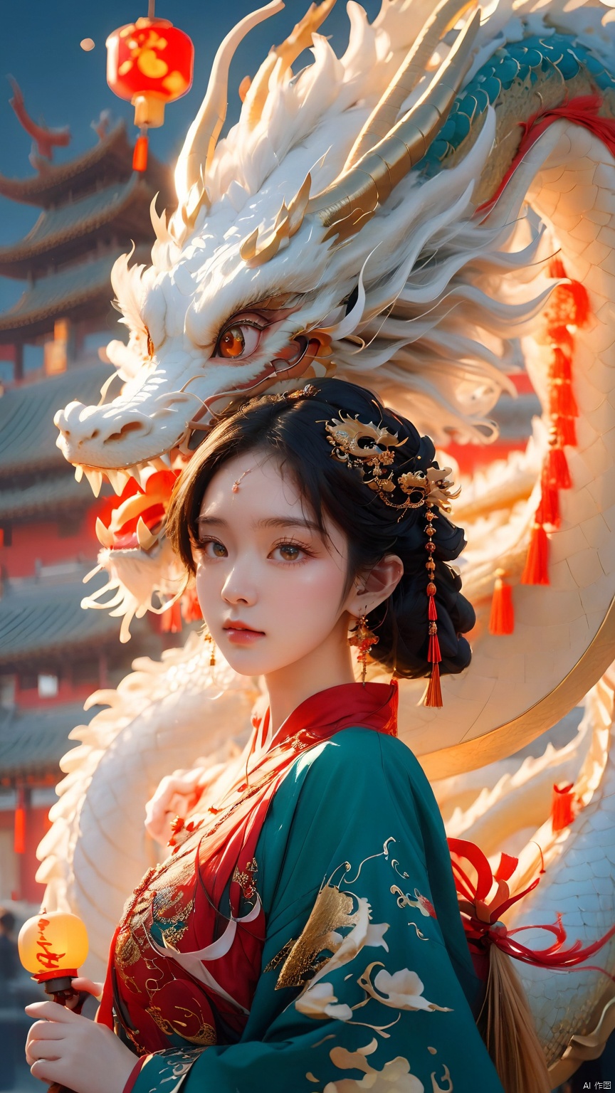 The girl and the Chinese dragon,Chinese dragon,1girl,blurry background,Chinese Hanfu,squama ,Dragon body coiled around the girl's body, dragon head close to her head, close-up photo taken,Golden Lantern Earrings,Golden Flower Earrings,Watching the audience,Silver metal headwear,White Dragon,Headwear,Little Dragon,close-up,Ultimate details,The hair on the faucet,Dragon horn,depth of field,dragon,earrings,jewelry, Chinese dragon