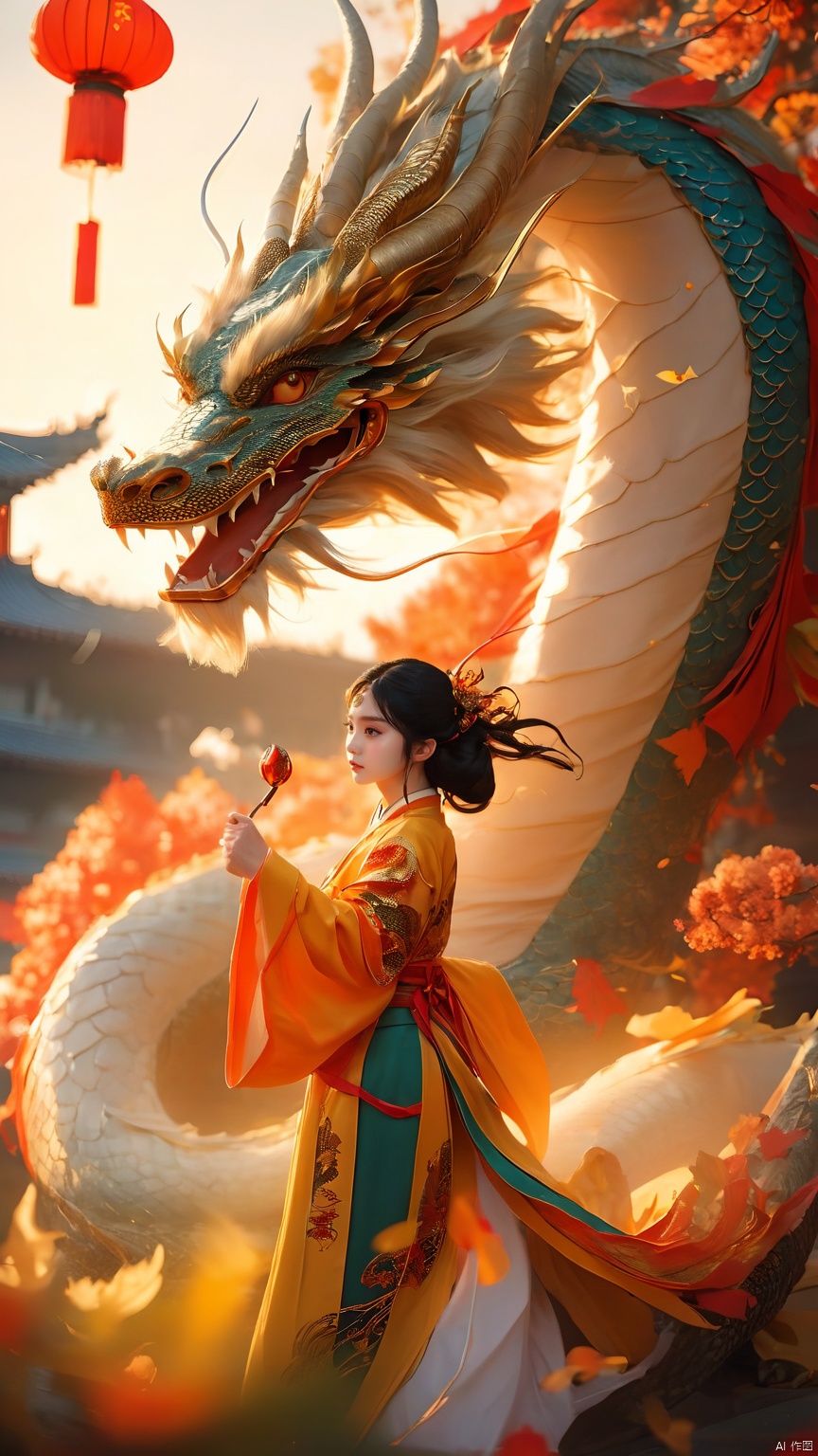 The girl and the Chinese dragon,Chinese dragon,1girl,autumn,autumn leaves,Chinese Hanfu,squama ,The hair on the faucet,Ultimate details,Dragon horn,The graceful and winding dragon body,black hair,campfire,cloud,dragon,Open the dragon's mouth,The girl stood on the dragon's body, turned sideways, waved to the audience, full body,Close range,Earth yellow dragon,dragon horns,The camera looks up from below,eastern dragon,evening,horns,long hair,long sleeves,outdoors,paper lantern,scales,smoke,solo,standing,sunset,teeth,twilight, Chinese dragon