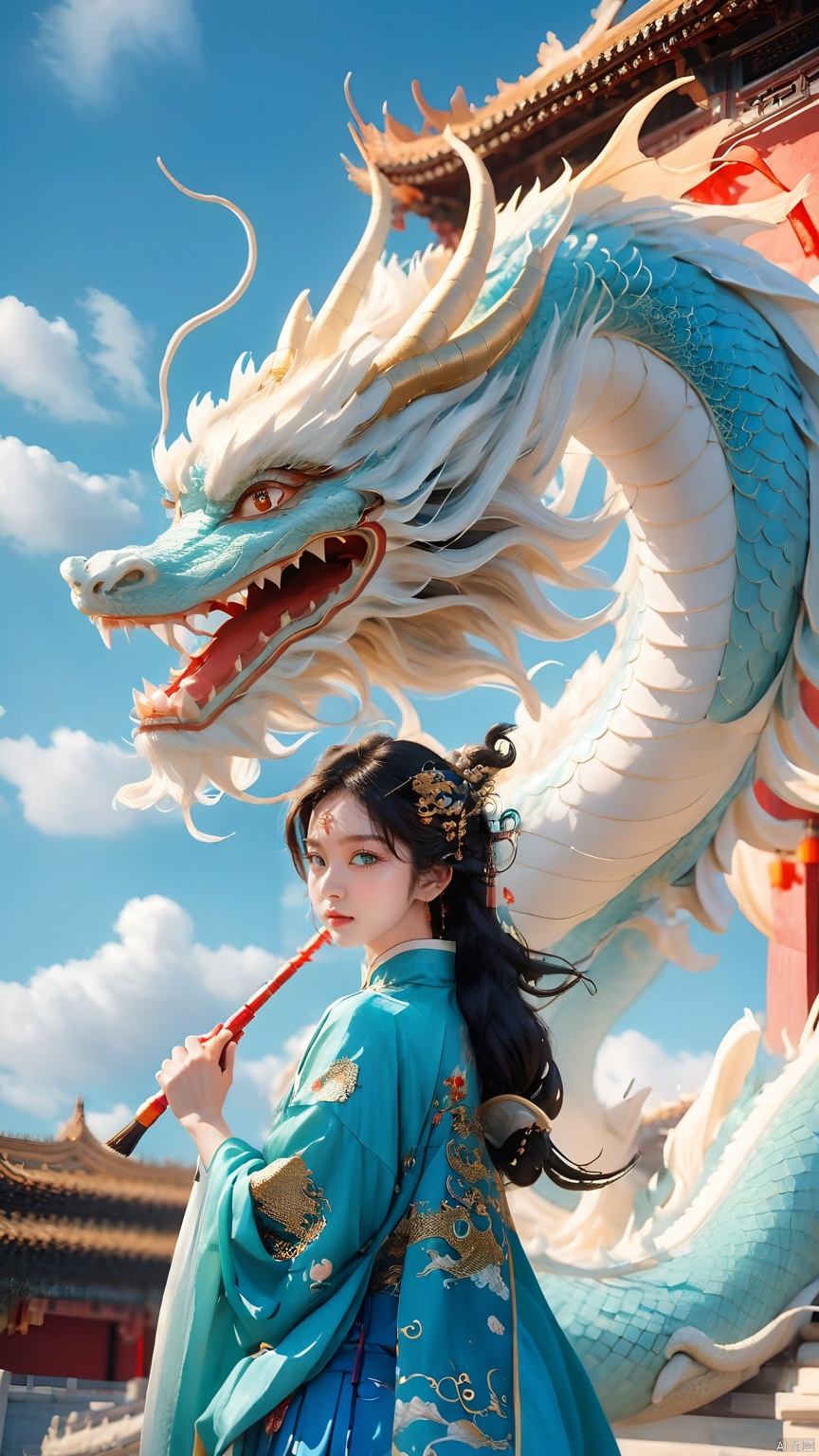 The girl and the Chinese dragon,Chinese dragon,1girl,black hair,blue sky,Chinese Hanfu,squama ,The hair on the faucet,Ultimate details,Dragon horn,The graceful and winding dragon body,breasts,The girl stood in front, with her upper body slightly tilted, looking at the camera,close-up,ancient Chinese architecture,The dragon's body coiled around the roof of a building,Close range,Aqua Blue Dragon,Open the dragon's mouth,chinese clothes,cloud,day,dragon,eastern dragon,long hair,ocean,scales,sky,teeth,water, Chinese dragon