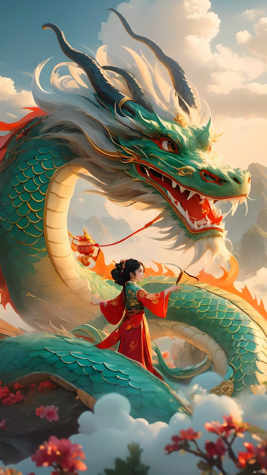 The girl and the Chinese dragon,Chinese dragon,1girl,black hair,cloud,Chinese Hanfu,squama ,The hair on the faucet,Ultimate details,Dragon horn,The graceful and winding dragon body,cloudy sky,dragon,Green Dragon,Looking at the camera,Oblique lateral body,The dragon's body coiled around the girl's side,Open the dragon's mouth,dragon horns,The camera looks up from below,eastern dragon,flower,glowing,horns,mountain,scales,sky,standing,sunset,teeth,twilight, Chinese dragon
