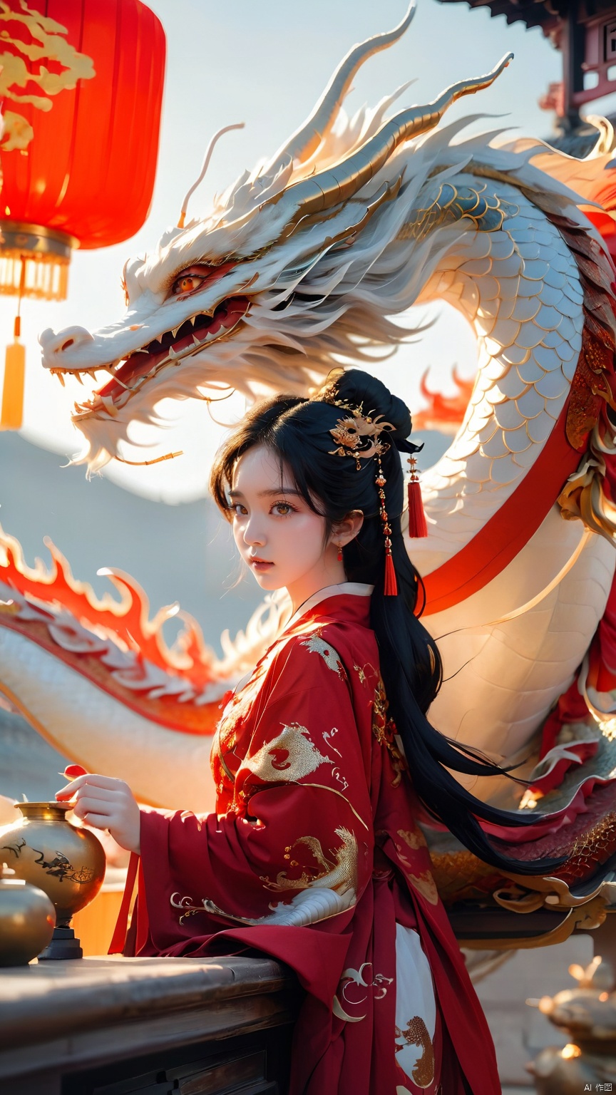 The girl and the Chinese dragon,Chinese dragon,1girl,black hair,Chinese Hanfu,dragon,squama ,The hair on the faucet,Ultimate details,Dragon horn,close-up,Wearing a red gold border Hanfu,Red Dragon Face,The dragon head is suspended on the girl's head,Silver Dragon,The girl leaned against the gilded stone table, sideways,Close range,Open the dragon's mouth,eastern dragon,jewelry,long hair,long sleeves,open mouth,orange eyes,scales,solo,standing,teeth, Chinese dragon