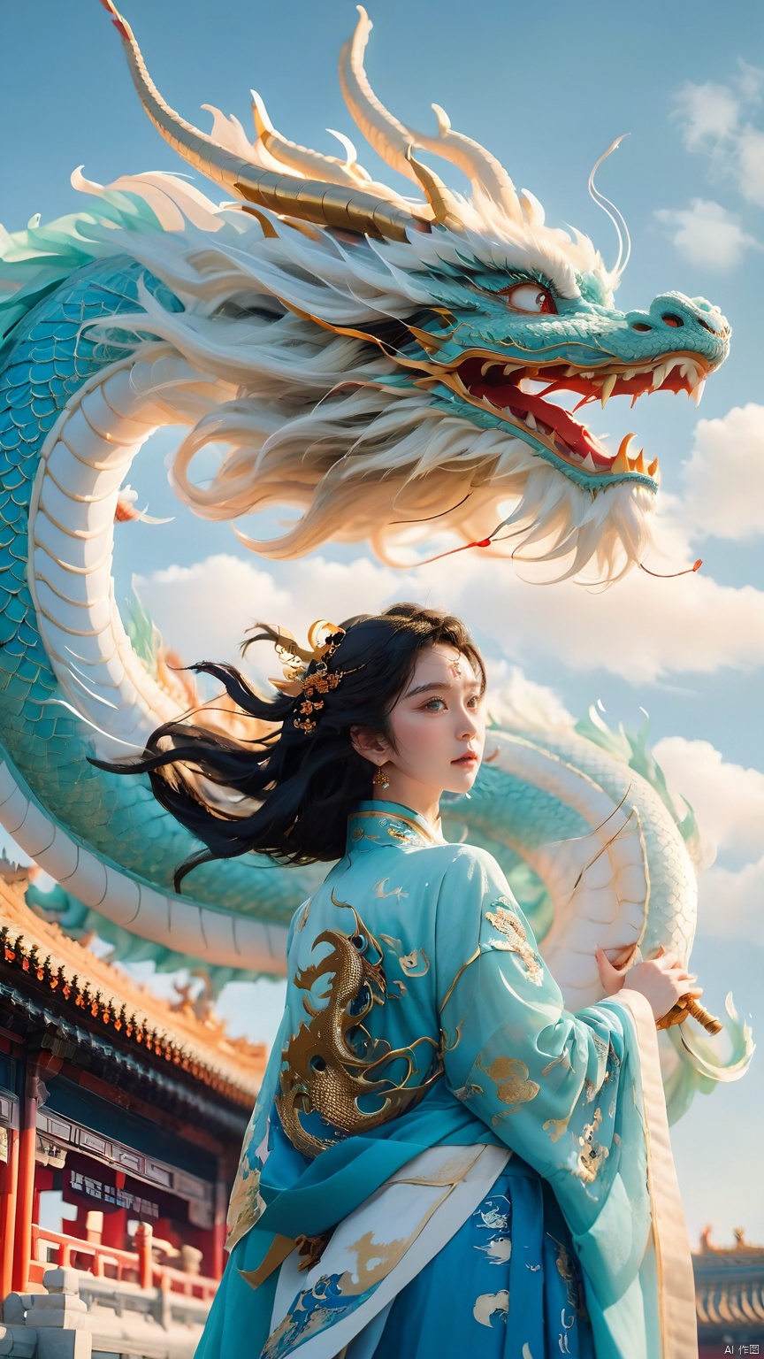 The girl and the Chinese dragon,Chinese dragon,1girl,black hair,blue sky,Chinese Hanfu,squama ,The hair on the faucet,Ultimate details,Dragon horn,The graceful and winding dragon body,breasts,The girl stood in front, with her upper body slightly tilted, looking at the camera,close-up,ancient Chinese architecture,The dragon's body coiled around the roof of a building,Close range,Aqua Blue Dragon,Open the dragon's mouth,chinese clothes,cloud,day,dragon,eastern dragon,long hair,ocean,scales,sky,teeth,water, Chinese dragon
