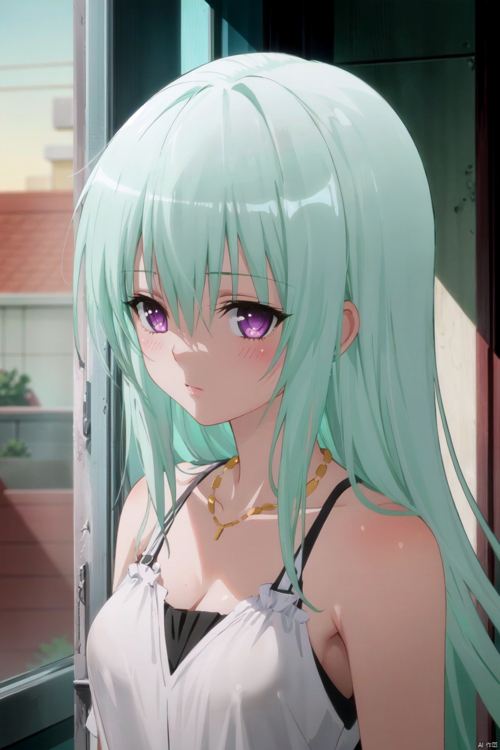 1girl, solo, long hair, green hair, blush, purple eyes, necklace, collarbone, parody, jewelry, hair between eyes, indoors, bare shoulders, window, bangs, anime coloring, pink eyes