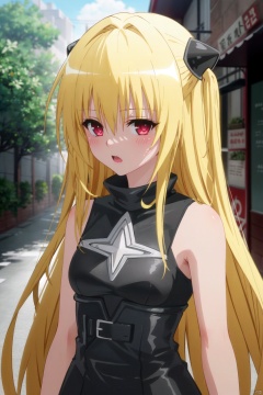 1girl, blonde hair, solo, long hair, anime coloring, blush, konjiki no yami, looking at viewer, bare shoulders, red eyes, day, hair between eyes, outdoors, bangs, sleeveless, open mouth, two side up, parody, blurry, tree