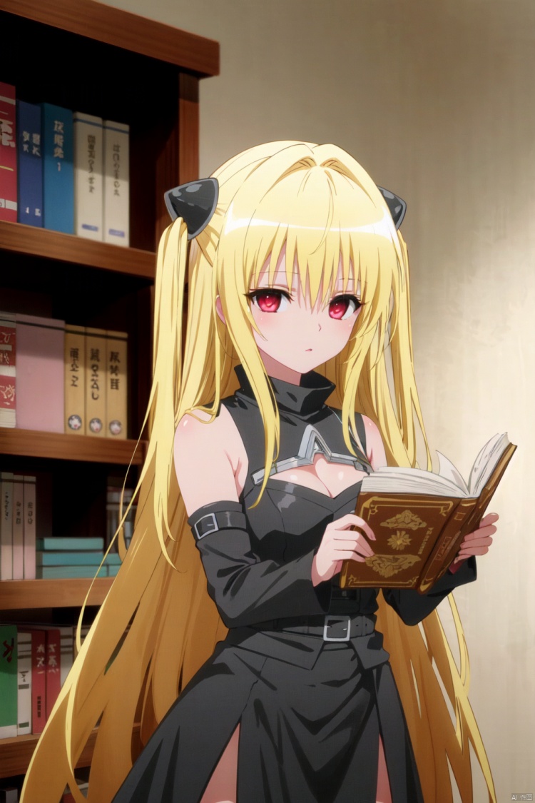1girl, blonde hair, solo, long hair, konjiki no yami, red eyes, detached sleeves, book, cleavage cutout, very long hair, clothing cutout, holding, two side up