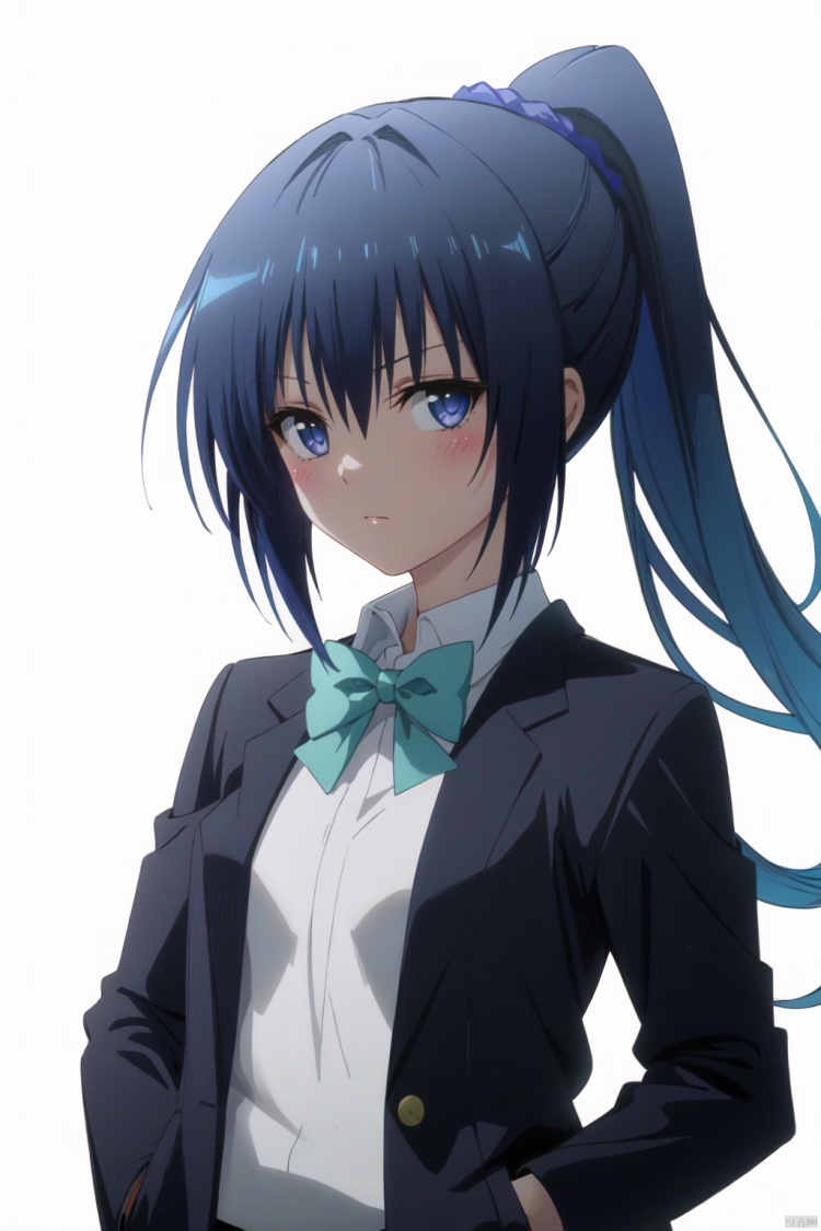 1girl, solo, long hair, looking at viewer, blush, bangs, blue eyes, simple background, shirt, long sleeves, white background, bow, closed mouth, blue hair, jacket, monochrome, upper body, ponytail, ahoge, collared shirt, bowtie, open jacket, v-shaped eyebrows, blue bow, blue jacket, blue theme, hands in pockets