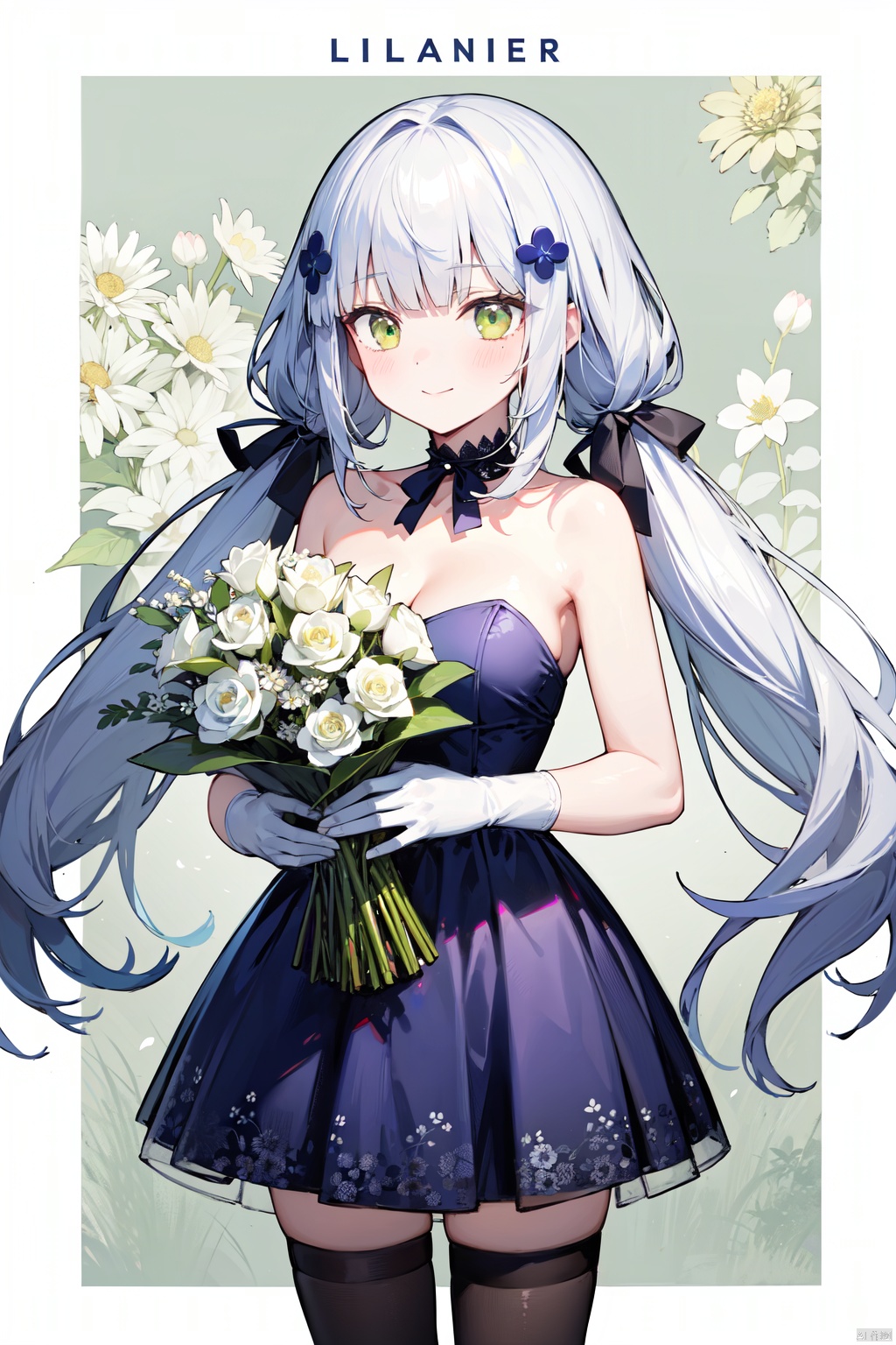 1girl, bangs, bare_shoulders, blue_dress, bouquet, breasts, character_name, cleavage, closed_mouth, daisy, dress, eyebrows_visible_through_hair, floral_background, flower, gloves, green_eyes, hair_ornament, hk416_\(girls'_frontline\), holding_bouquet, holding_flower, lily_\(flower\), lily_of_the_valley, lily_pad, long_hair, looking_at_viewer, lotus, low_twintails, mole, multi-tied_hair, ribbon, smile, solo, strapless_dress, thighhighs, vase, very_long_hair, white_flower, white_rose