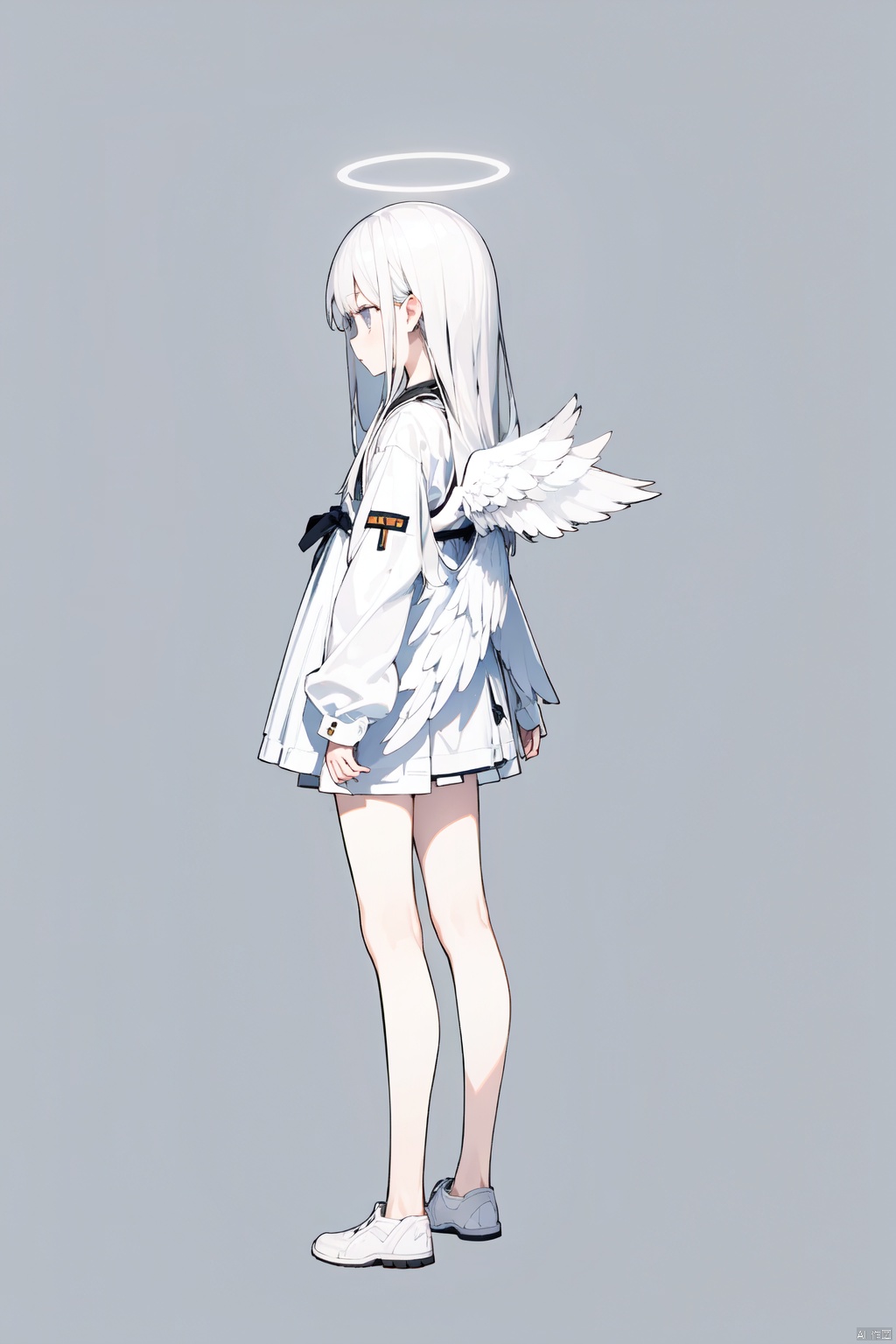 1girl, angel, angel_wings, feathered_wings, full_body, grey_background, halo, insect_wings, long_hair, simple_background, solo, standing, white_hair, white_wings, wings