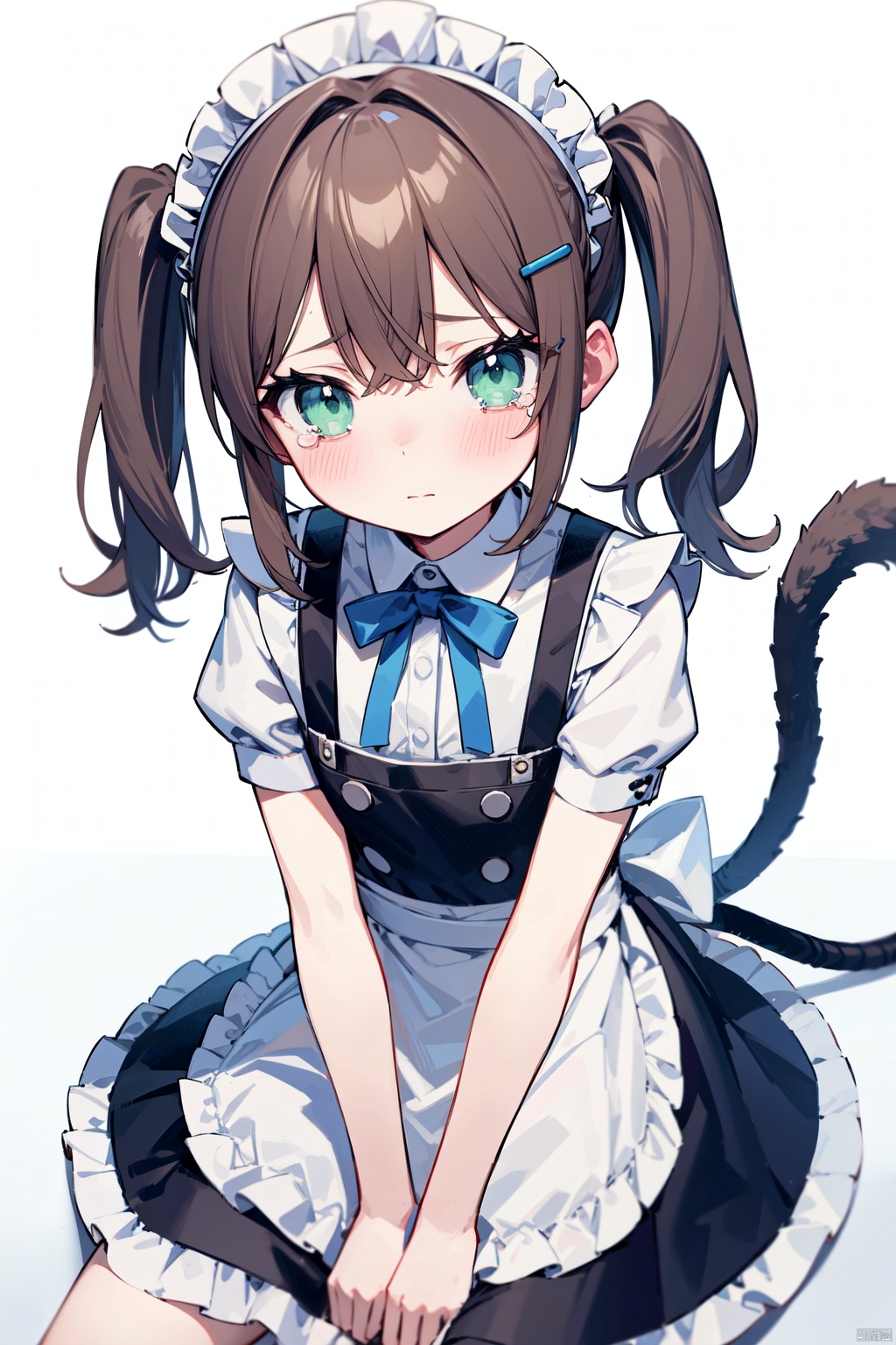 apron, blue_bow, blush, bow, brown_hair, frilled_apron, frills, green_eyes, hair_ornament, hairclip, long_hair, maid, maid_apron, maid_headdress, navel, otoko_no_ko, ribbon, simple_background, sitting, solo, tail, tears, twintails, waist_apron, white_apron, white_background