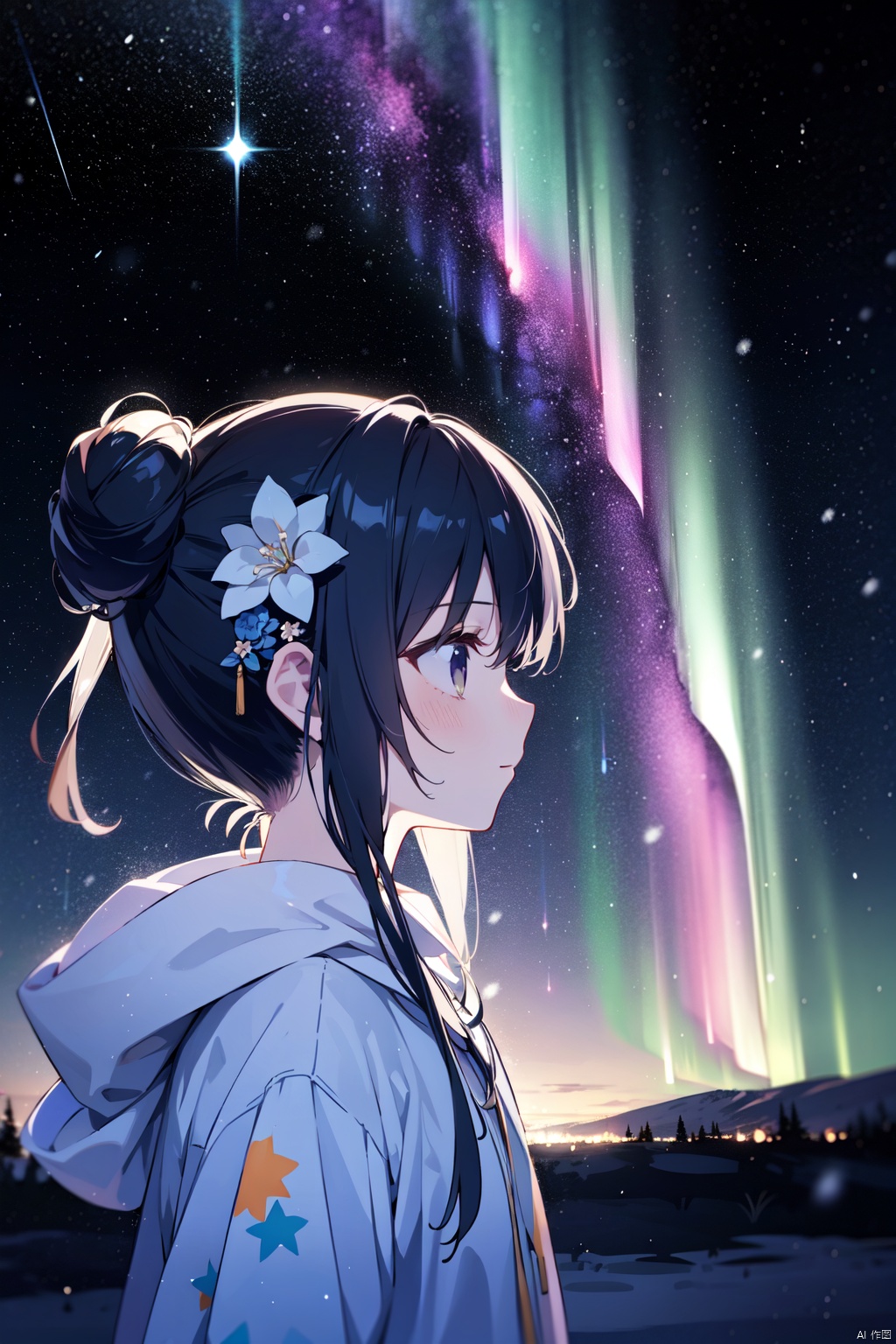 1girl, aurora, black_hair, constellation, flower, galaxy, hair_bun, hair_flower, hair_ornament, light_particles, milky_way, night, night_sky, portrait, profile, shooting_star, snow, snowing, solo, space, star_\(sky\), starry_background, starry_sky, starry_sky_print, tanabata, upper_body