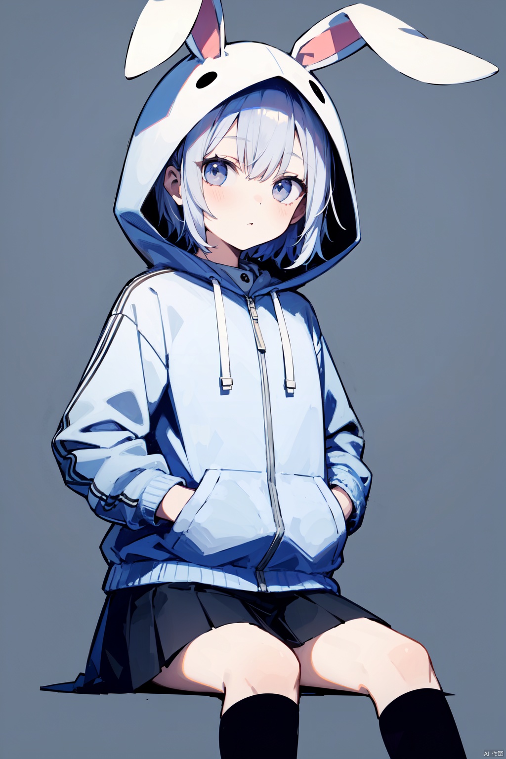 1girl, animal_ears, animal_hood, black_skirt, bunny, bunny_hood, grey_background, hands_in_pockets, hood, hood_up, hooded_jacket, hoodie, kneehighs, long_sleeves, looking_at_viewer, pleated_skirt, rabbit_ears, short_hair, sitting, skirt, white_hair