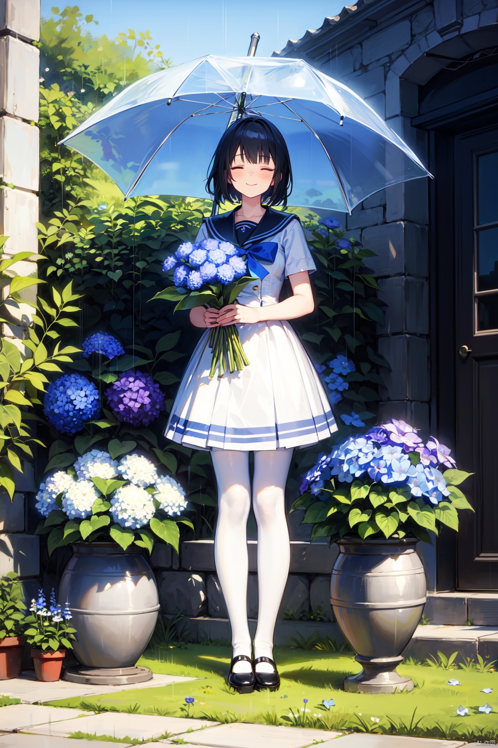 1girl, black_hair, blue_flower, blue_rose, bouquet, closed_eyes, dress, flower, flower_pot, full_body, grass, holding, holding_bouquet, holding_flower, hydrangea, leaf, lily_\(flower\), morning_glory, outdoors, plant, potted_plant, purple_flower, rain, sailor_collar, shoes, short_hair, smile, socks, solo, standing, white_legwear