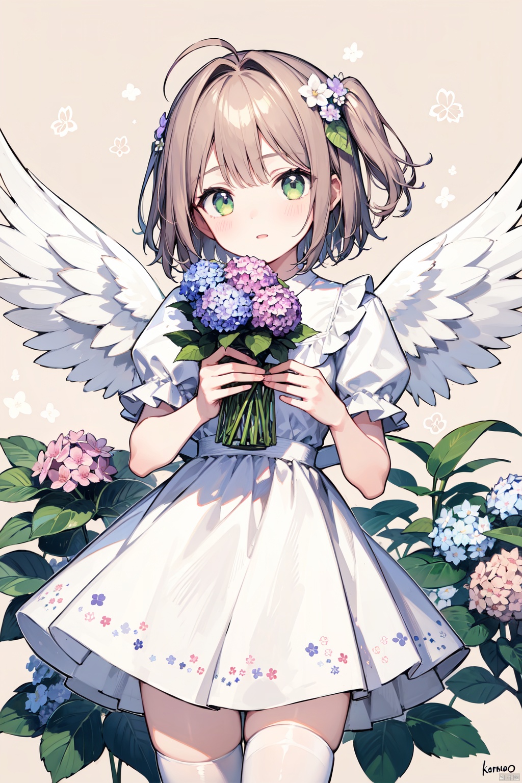 1girl, angel_wings, antenna_hair, artist_name, bow, brown_hair, cowboy_shot, creature, dress, eyebrows_visible_through_hair, feathered_wings, floral_background, flower, green_eyes, holding, hydrangea, kero, kinomoto_sakura, leaf, pink_flower, plant, puffy_sleeves, purple_flower, short_hair, short_sleeves, signature, thighhighs, two_side_up, white_dress, white_wings, wings