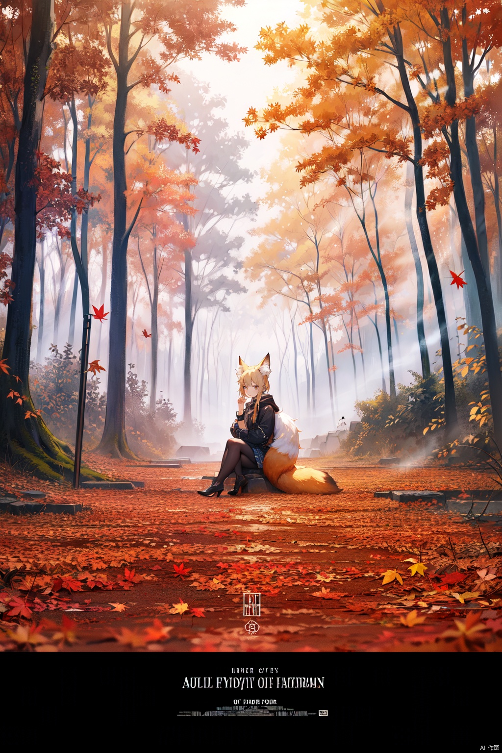 1girl, solo, looking at viewer, sitting, fox ears, full body, strappy heels,plaid shirt, short sleeves,jacket, bow, bangs, low ponytail, blonde hair fox tail, fox girl, kitsune, ((autumn, outdoors, day, forest, falling leaves, bird, leaf)), (fog, dyntall effect), (wide shot, panorama, full body, depth of field),(movie poster,english text),(Flagstone road,branches)