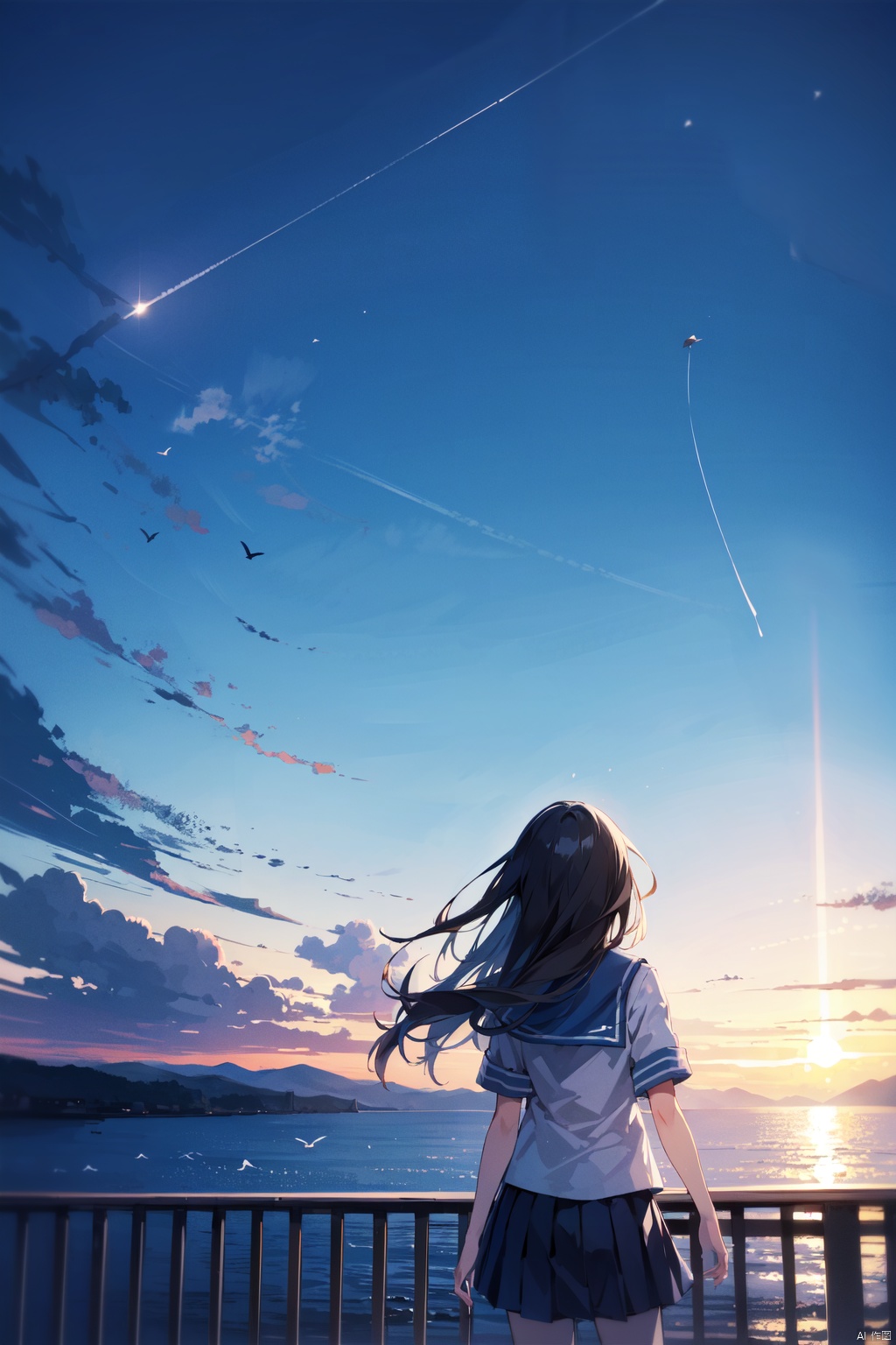 1girl, art_brush, bird, black_hair, blue_skirt, blue_sky, cloud, cloudy_sky, condensation_trail, day, facing_away, from_behind, hill, horizon, kneehighs, long_hair, mountain, ocean, outdoors, railing, scenery, school_uniform, serafuku, skirt, sky, solo, standing, star_\(sky\), summer, sunrise, white_shirt, wind