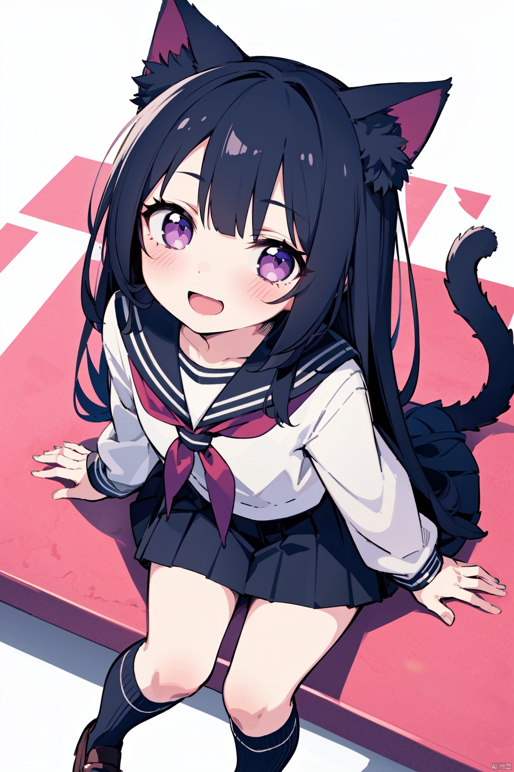 1girl, animal ears, solo, tail, school uniform, cat ears, long hair, black hair, purple eyes, cat tail, serafuku, open mouth, smile, skirt, sitting, socks, kneehighs, looking at viewer, :d, pleated skirt, from above, black serafuku, looking up, black socks, black skirt, long sleeves, blush