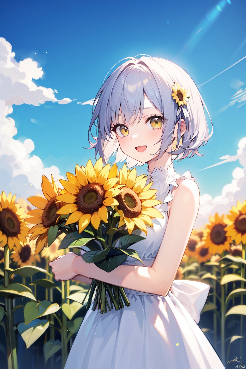 1girl, :d, artist_name, bare_arms, bare_shoulders, blue_sky, bouquet, breasts, cloud, cloudy_sky, dandelion, dated, day, dress, field, flower, flower_field, holding, holding_bouquet, holding_flower, looking_at_viewer, medium_breasts, open_mouth, outdoors, ribbon, short_hair, signature, sky, sleeveless, smile, solo, sunflower, upper_body, white_dress, yellow_eyes, yellow_flower