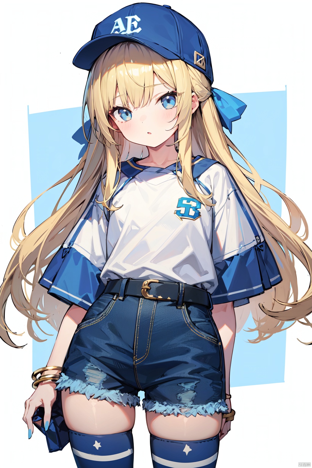 1girl, bangle, bangs, baseball_cap, belt, blonde_hair, blue_bow, blue_headwear, blue_legwear, blue_nails, blue_shorts,