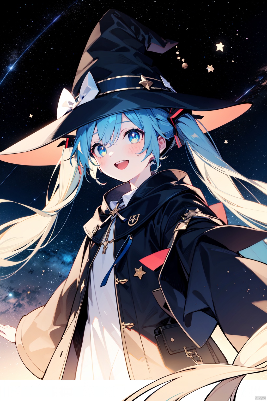1girl, blue_eyes, constellation, hat, hatsune_miku, holding, long_hair, long_sleeves, looking_at_viewer, night, night_sky, open_mouth, outstretched_arm, outstretched_hand, planet, shooting_star, sky, smile, solo, space, sparkle, star-shaped_pupils, star_\(sky\), star_\(symbol\), starry_background, starry_sky, starry_sky_print, twintails, upper_body, very_long_hair, witch_hat
