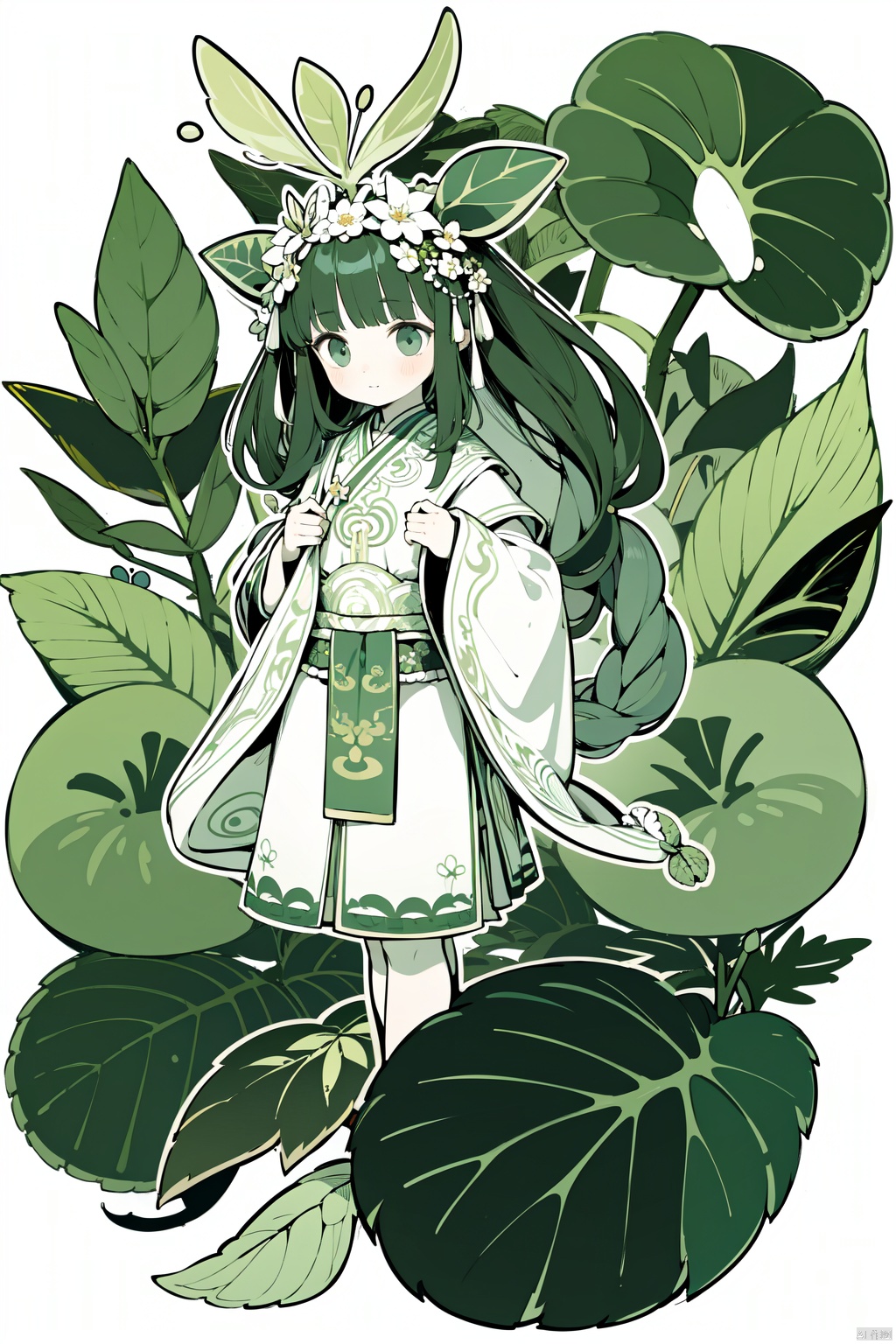 1 girl, surrounded by big leaf plants, wearing flower accessories, (Old-growth forest), (long hair) puberty, young girl, bright outline,Butterfly Dance,surrealistic,tuyawang, senlin